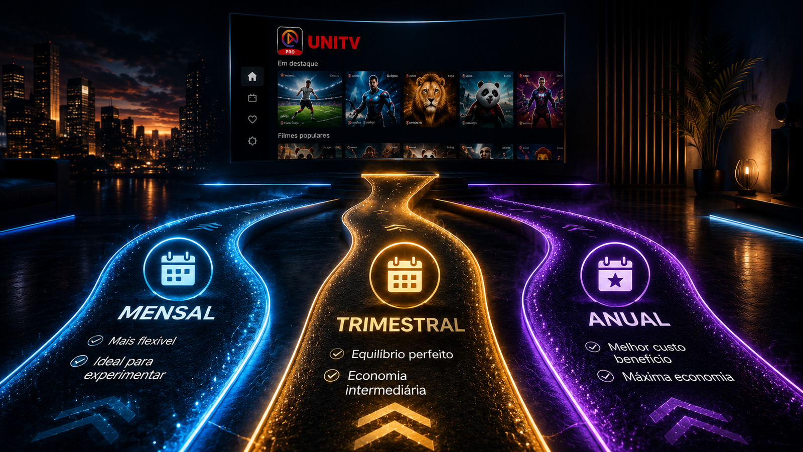 Comparativo dos planos UniTV mensal, trimestral e anual