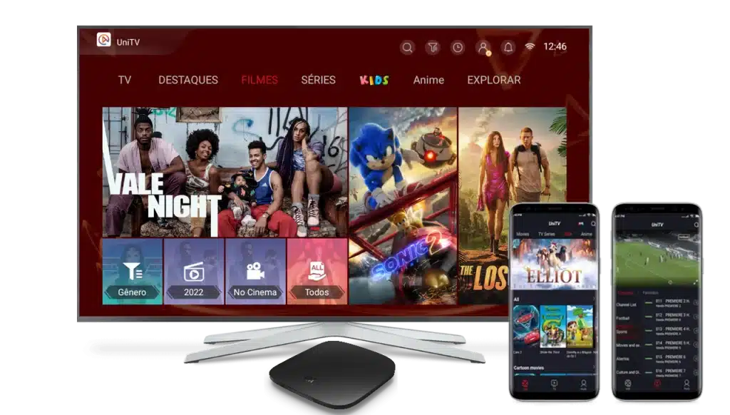 Tela inicial da UniTV em Smart TV, TV Box e celular mostrando filmes, séries, canais e futebol